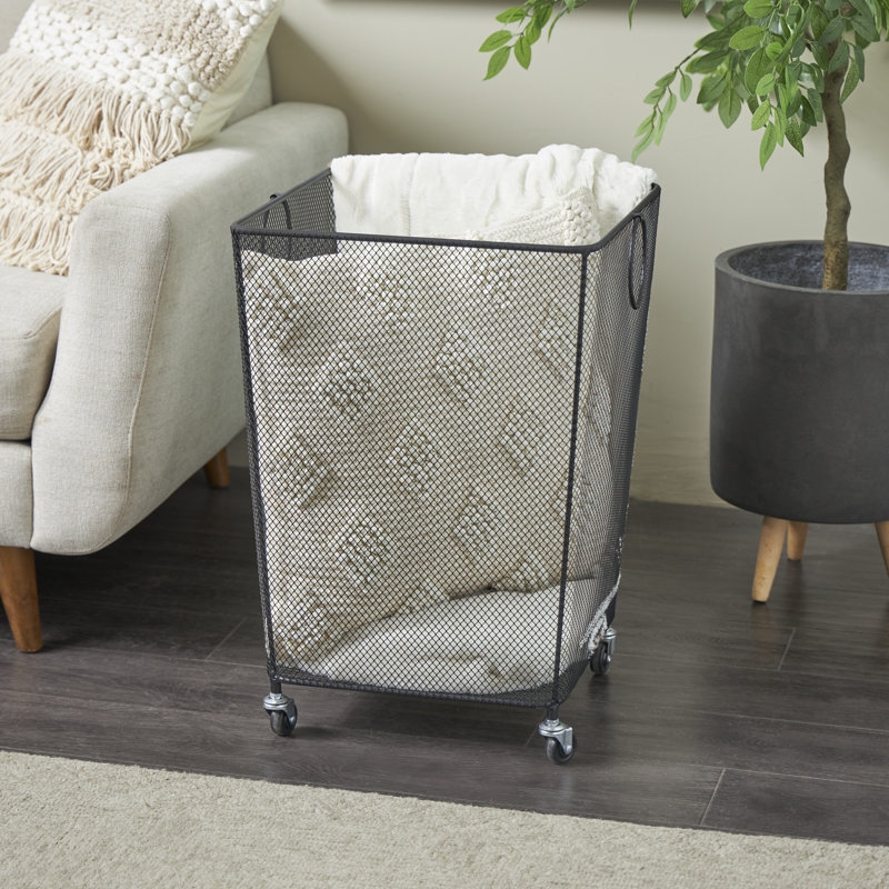 Rolling Mesh Storage Basket, Black Metal Square Frame, Ring Handles