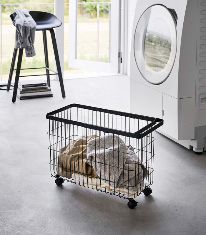 Rolling Wire Laundry Basket, Matte Black Finish, Minimalist Silhouette