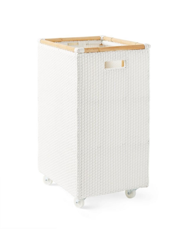 Rolling Woven Hamper White Wood Rim Tall Rectangular Coastal