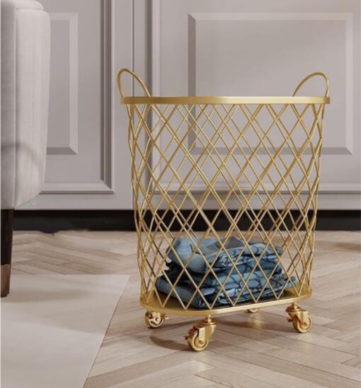 Round Rolling Hamper, Polished Gold Diamond Mesh Design, Metal Frame