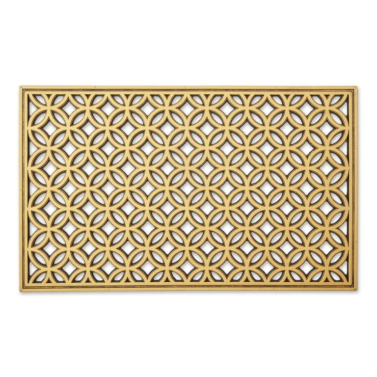 Rubber Doormat with Gold Interlocking Circles, Glamorous Geometric Style
