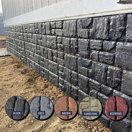 Rubber Stone Veneer Siding Panels: Matte Charcoal Finish.