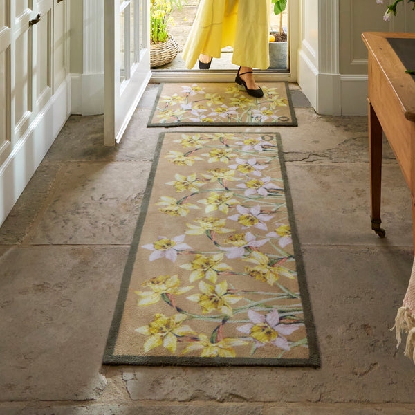 Runner Rug with Daffodil Pattern and Dark Border, Rustic Entryway Decor