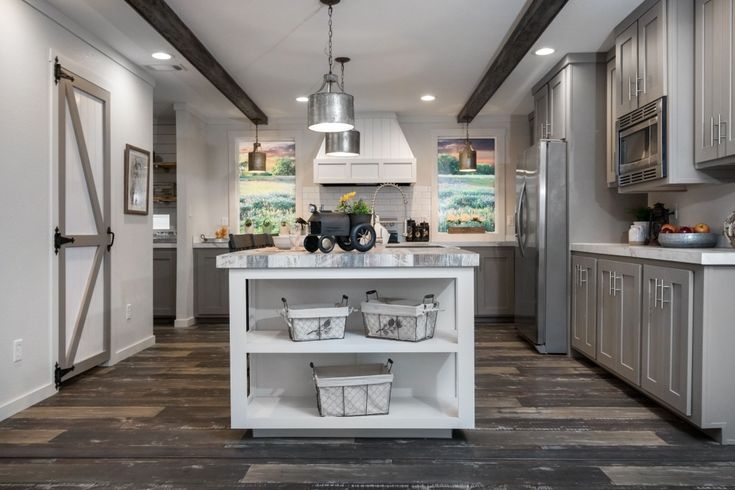 Rustic Ceiling Beams Kitchen Design with Gray Cabinets and Barn Door
