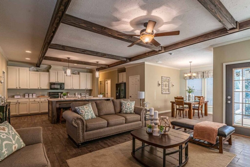Rustic Ceiling Beams Living Room Design in Open Concept Layout