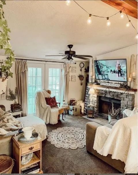 Rustic Cottage Living Room with Stone Fireplace and Crocheted Rug