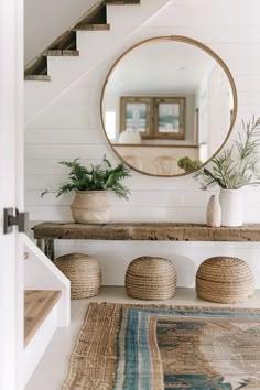 Rustic Entryway Bench: Oversized Round Mirror, Woven Poufs, & Shiplap