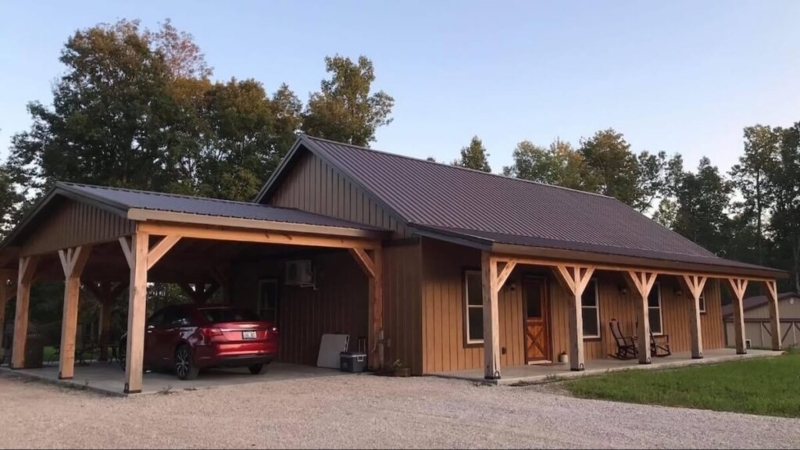 Rustic House Exterior: Board & Batten Metal Siding, Carport