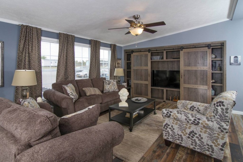 Rustic Living Room with Slate Blue Walls & Barn Door Media Console