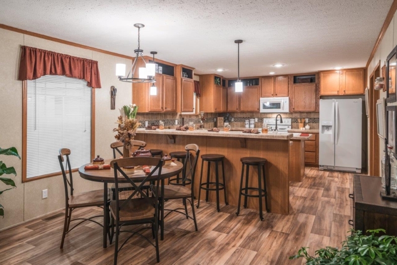 Rustic Open Concept Kitchen Layout with Tiered Breakfast Bar