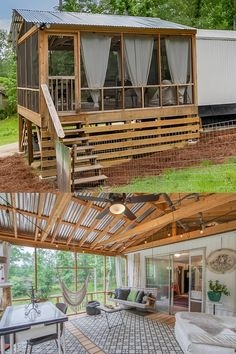 Rustic Screened-In Porch Design with Corrugated Metal Roof