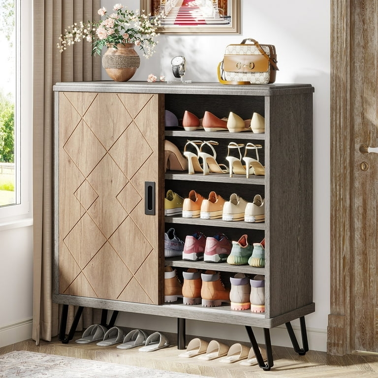Rustic Shoe Cabinet with Sliding Diamond-Pattern Door and Hairpin Legs