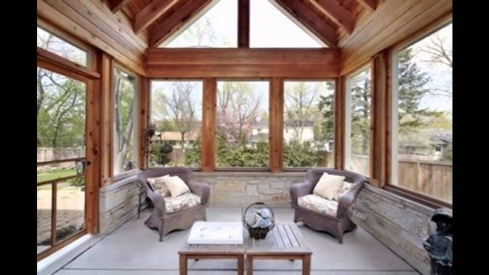 Rustic Sunroom with Vaulted Wood Ceiling & Stone Wainscoting Details