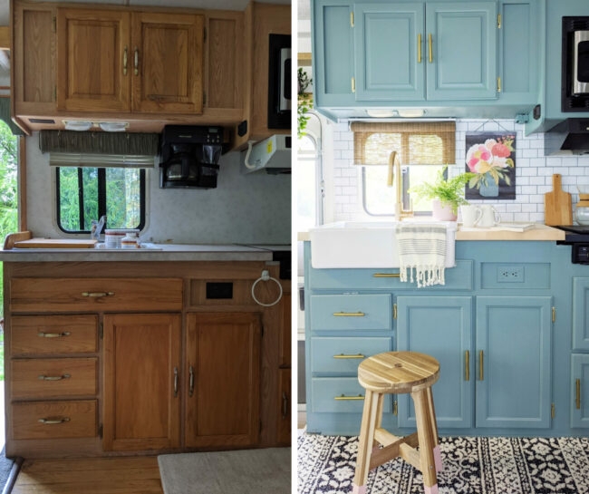 RV Kitchen Makeover with Blue Cabinets, Gold Accents, and Subway Tile