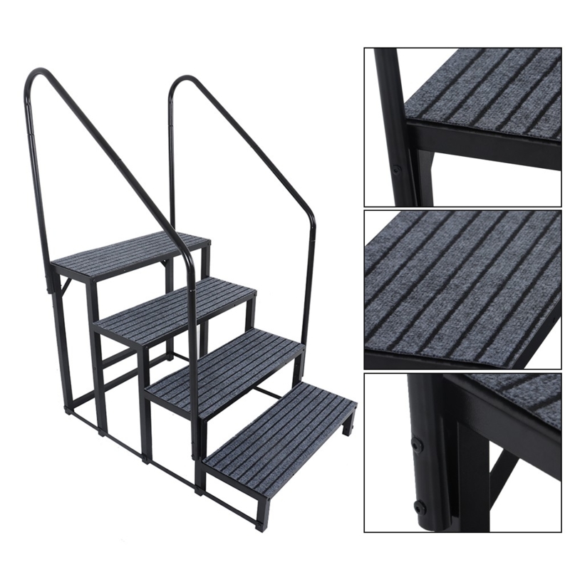 RV Steps Dual Handrails Ribbed Anti Slip Mats 4 Tier Steel