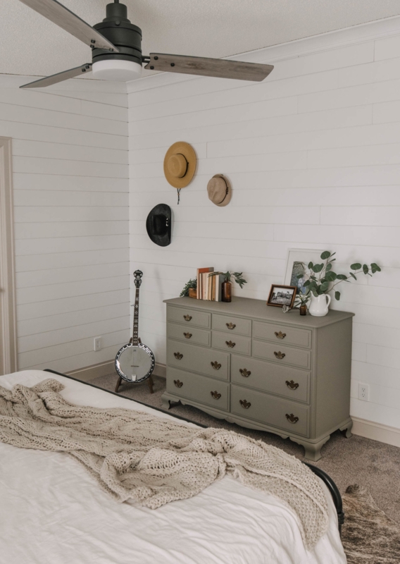 Sage Green Dresser Bedroom Decor with Farmhouse Shiplap Wall Ideas