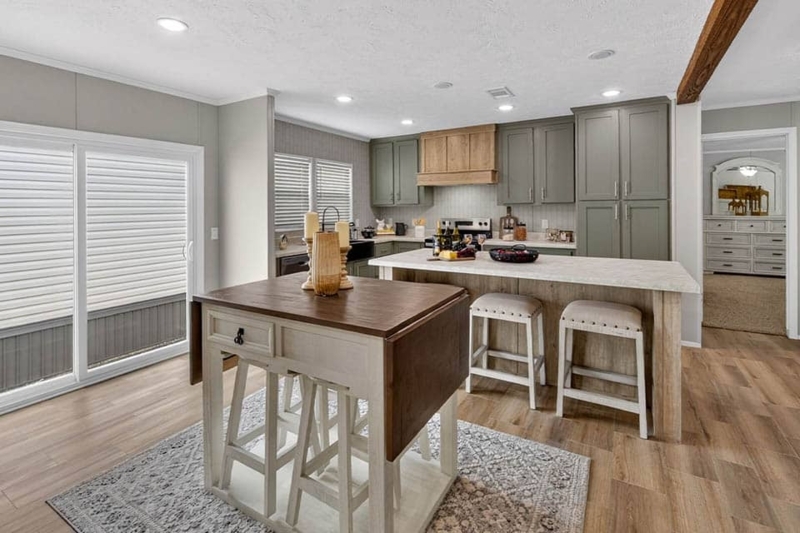 Sage Green Kitchen Cabinet Ideas with Wood Topped Island Cart.