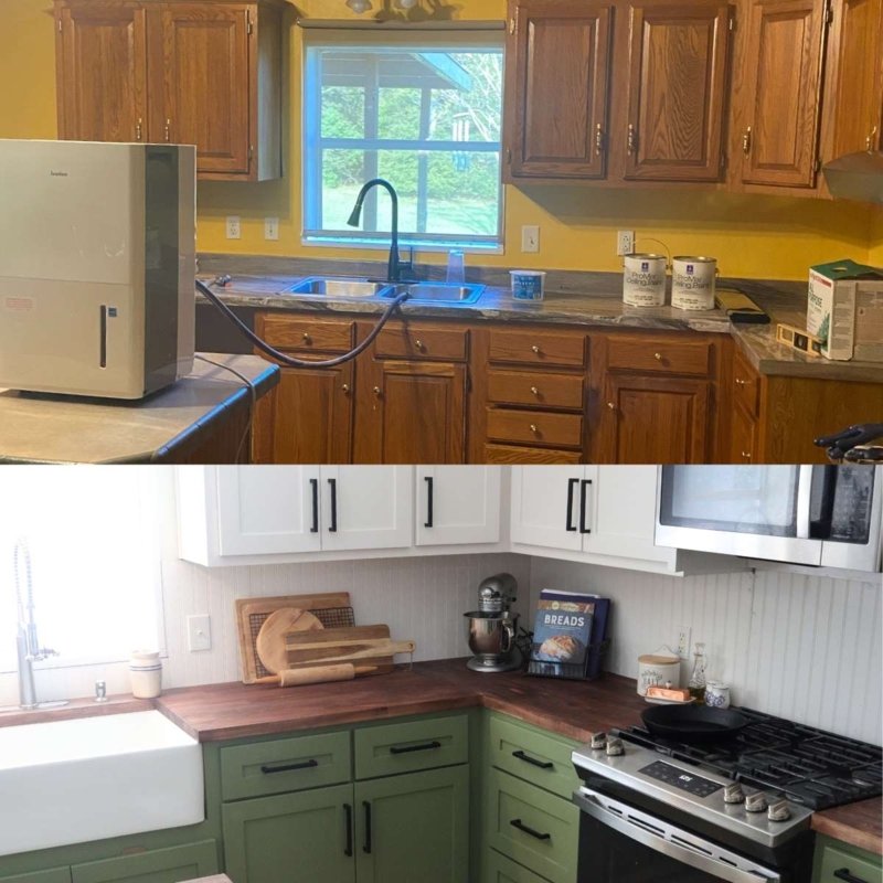 Sage Green Lower Cabinets Idea with Butcher Block Surfaces