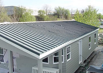 Sage Green Manufactured Home with Dark Corrugated Metal Roof