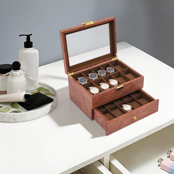 Satin Finish Wood-Toned Watch Box with Glass Lid