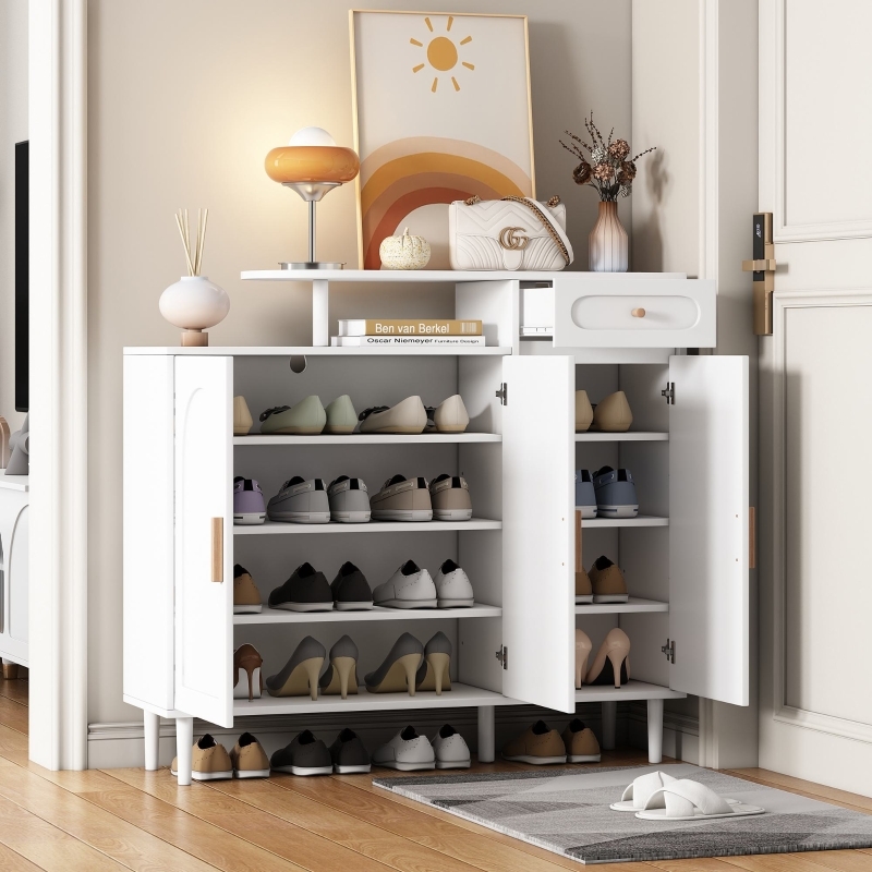 Scandi Shoe Cabinet Arched Doors Top Drawer Tiered Shelf