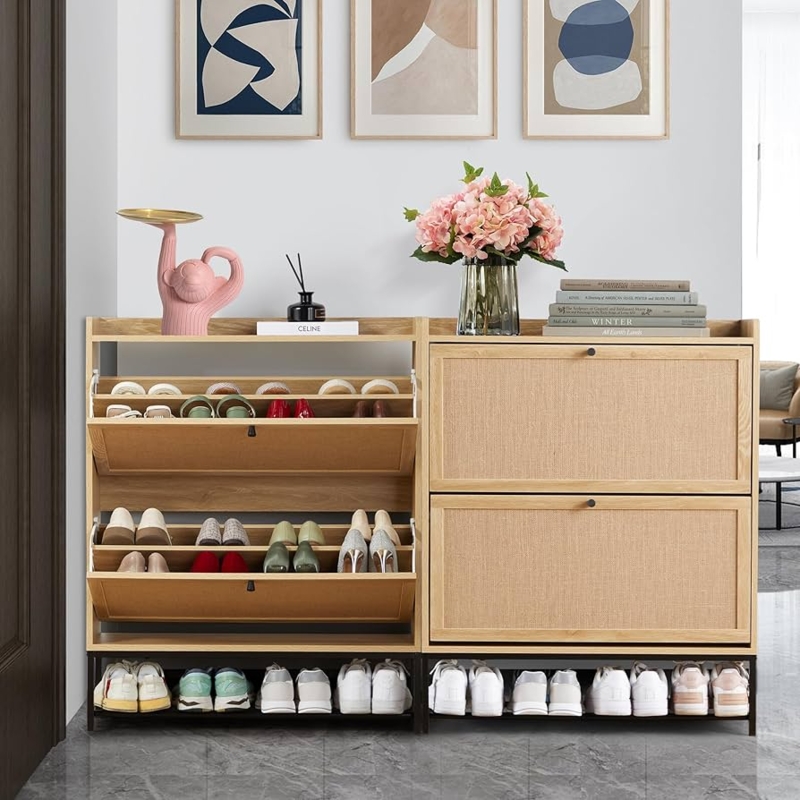 Scandinavian Shoe Cabinet with Woven Texture Flip Drawers in Light Wood