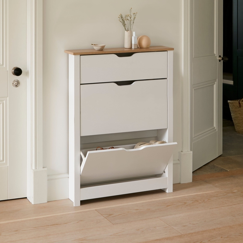 Scandinavian Style Shoe Cabinet with Tilt-Out Drawers and Oak Top