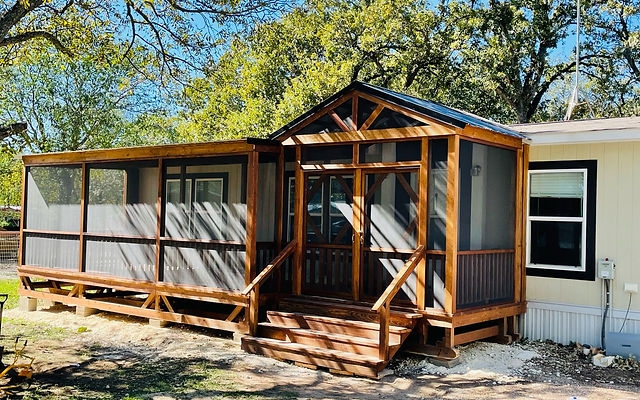 Screened-in Porch with Mesh Screening and Warm Wood Tone Finish