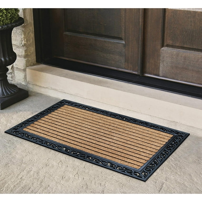 Scrolled Rubber Doormat with Striped Coir Center Large
