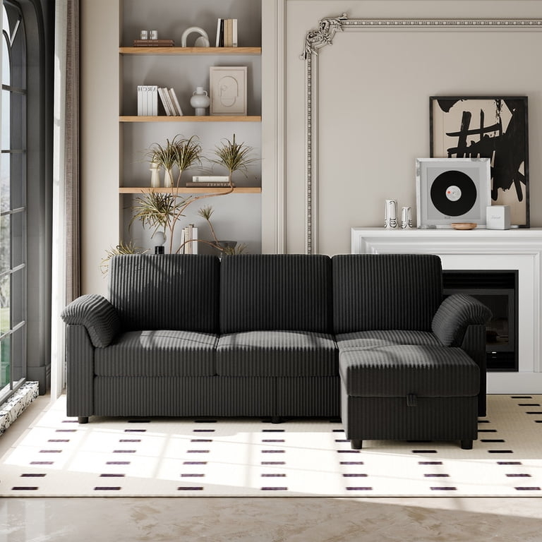 Sectional Sofa Ribbed Texture Movable Ottoman Storage Flared Arms Style