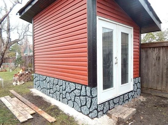 Shed Skirting Grey Faux Stone On Red Vinyl Siding Backyard Structure