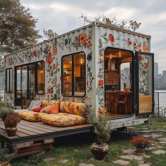 Shipping Container Home with Bohemian Botanical Mural and Deck