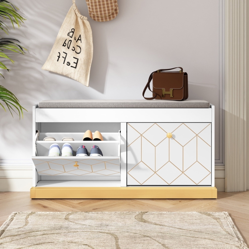 Shoe Bench White with Padded Seat and Gold Geometric Inlay
