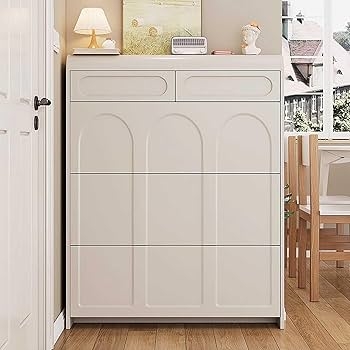 Shoe Cabinet Arched Panels Top Drawers Cream Slim Profile