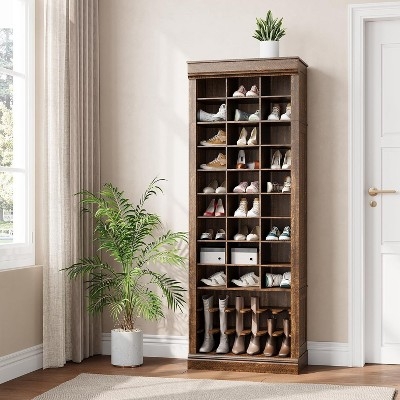 Shoe Cabinet: Brown Wood-Toned 27-Cubby with Boot Storage Section