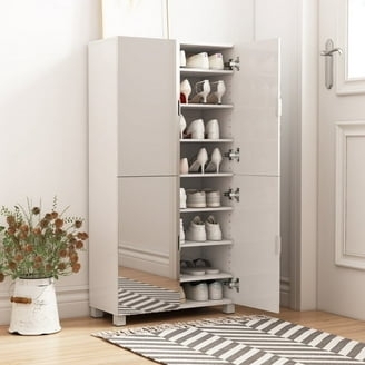 Shoe Cabinet: Glossy White 4-Door with Mirrored Front Panels
