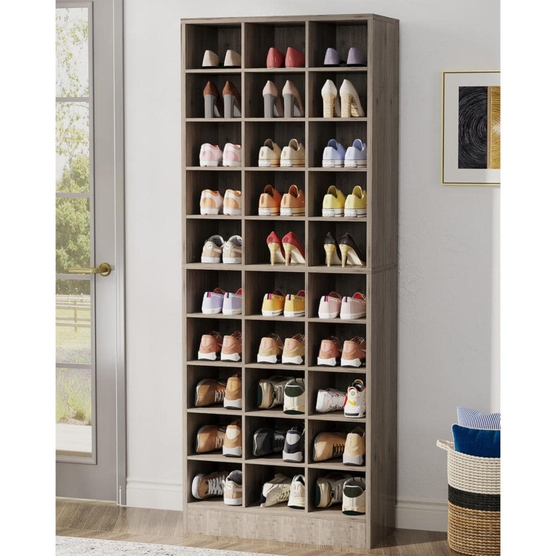 Shoe Cabinet Gray Wood Toned Tall 30 Cubby Entryway Slim