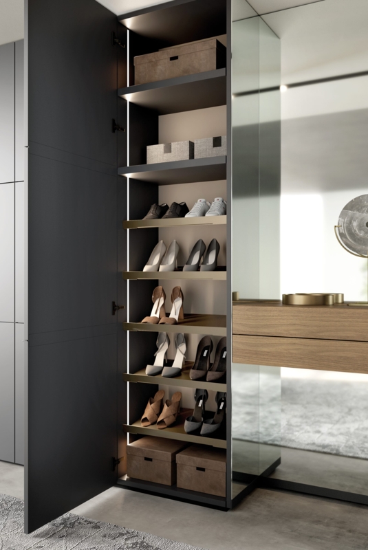 Shoe Cabinet Luxury Charcoal Integrated LEDs Bronze Shelves Built In