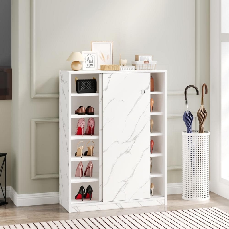 Shoe Cabinet Marble Finish Sliding Door Tall White