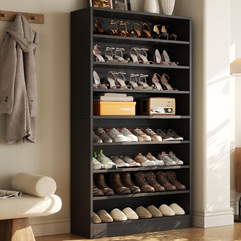 Shoe Cabinet: Matte Black 9-Tier Vertical Open Shelves