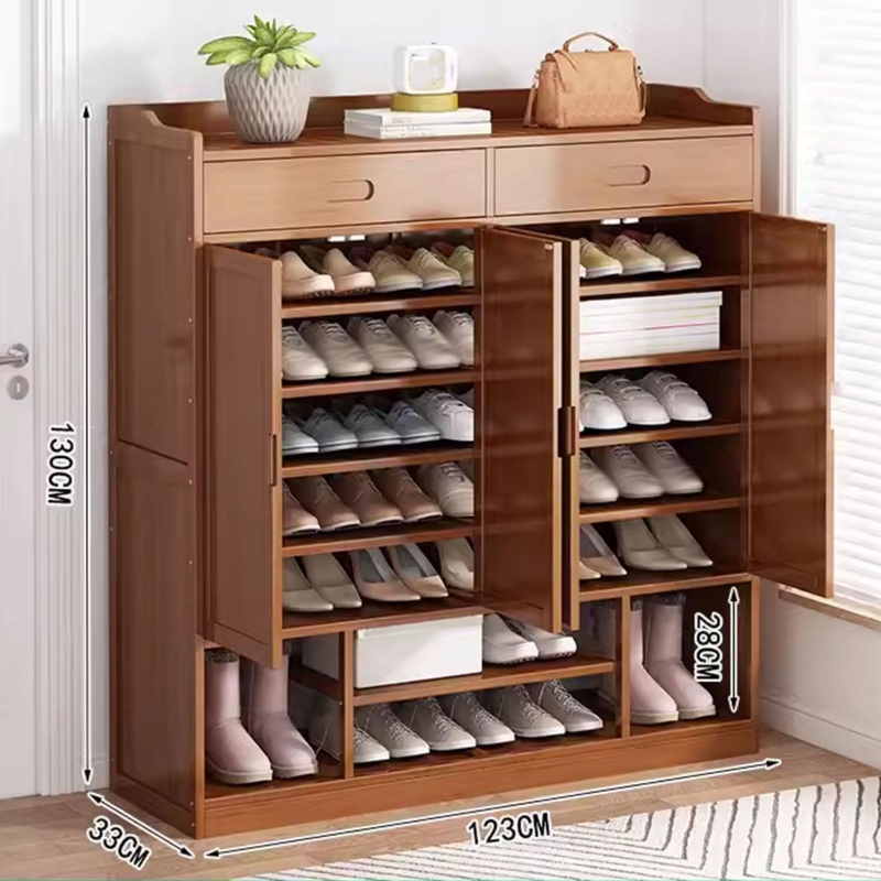 Shoe Cabinet: Medium Wood 4-Door with Slanted Internal Shelves