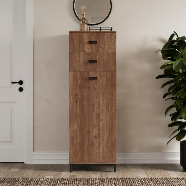 Shoe Cabinet: Slim Profile Oak-Tone with Matte Black Metal Accents
