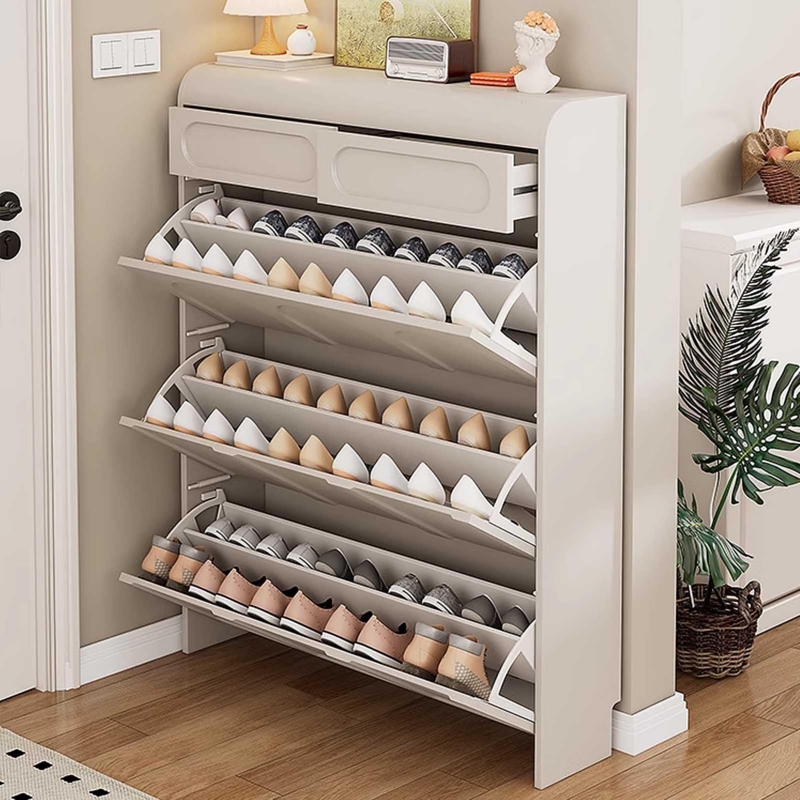 Shoe Cabinet Slim Profile Rounded Top Off-White Flip Drawers