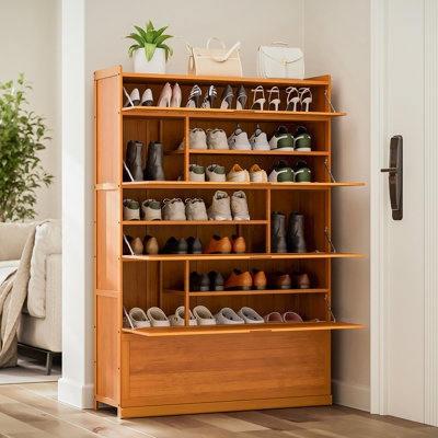 Shoe Cabinet: Tall Bamboo-Look with Tip-Out Drop-Down Doors