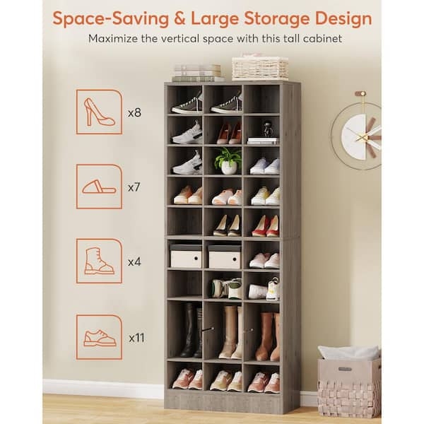 Shoe Cabinet Tall Vertical Storage Gray Wood Grain Ten Tier Cubby