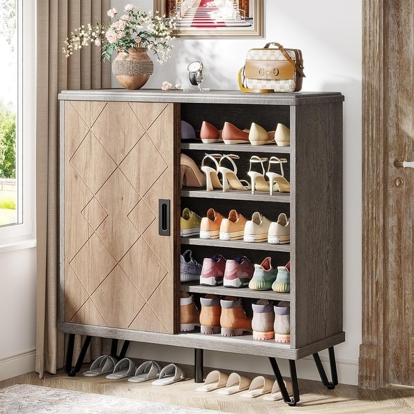 Shoe Cabinet Two Tone Sliding Door Diamond Pattern Hairpin Legs