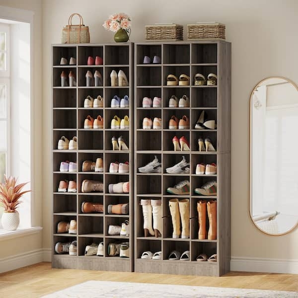 Shoe Cabinet: Weathered Gray Wood-Toned 10-Tier Cubby & Boot Slots