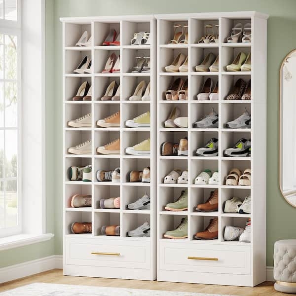 Shoe Cabinet: White 9-Tier Cubby Organizer with Bottom Drawer