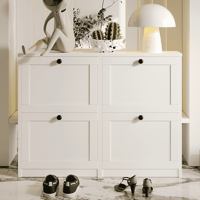 Shoe Cabinet White Flip Drawers Recessed Panels Black Knobs