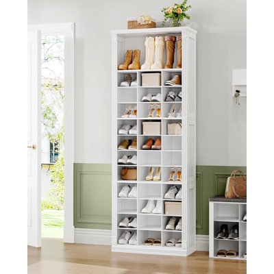 Shoe Cabinet: White Transitional Cubby Unit with Crown Molding Top